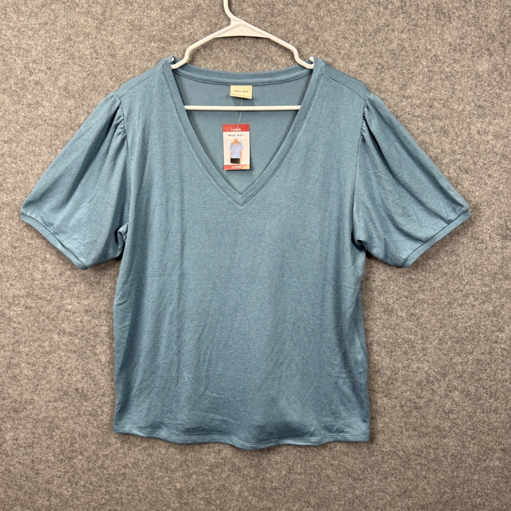 MOD REF Womens Blue V-Neck Puff Short Sleeve Knit Top XL NWT